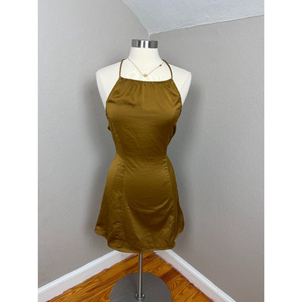Urban Outfitters Bronze Gold Satin Halter Mini Dress